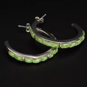 Vintage Navajo Gaspeite Turquoise Sterling Silver Hoop Earrings